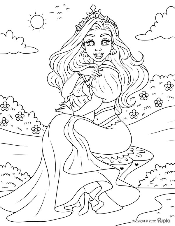 Princess Sitting Outside coloring page for children