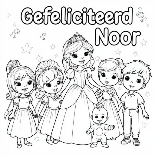 Prinses met 2 meisjes en een 1 jongetje en 1 baby kleurplaat voor kinderen