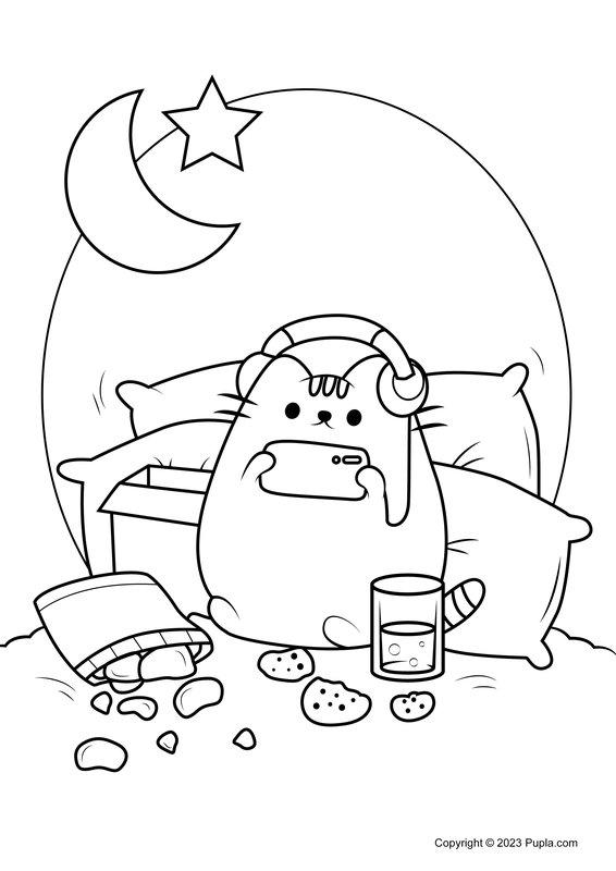 Pusheen Chliling On Bed coloring page for children