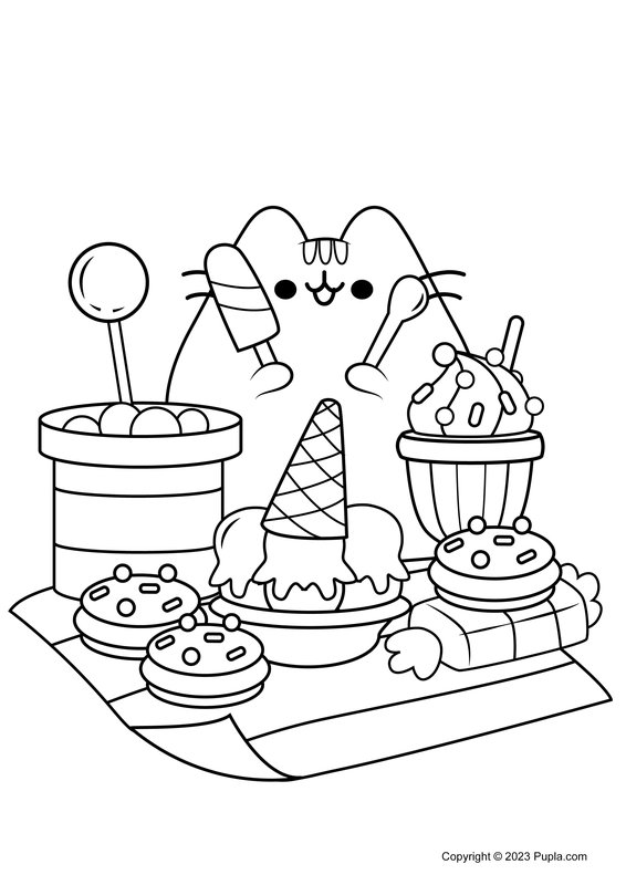 Feuille de coloriage Pusheen en train de manger