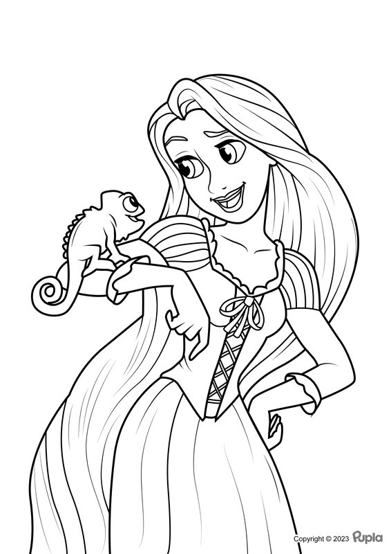 Coloring Page Rapunzel and Pascal Looking at Each Other