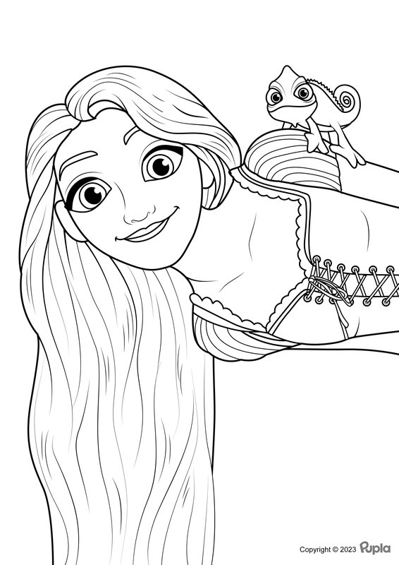 Rapunzel And Pascal Peeking Around The Corner coloring page for children