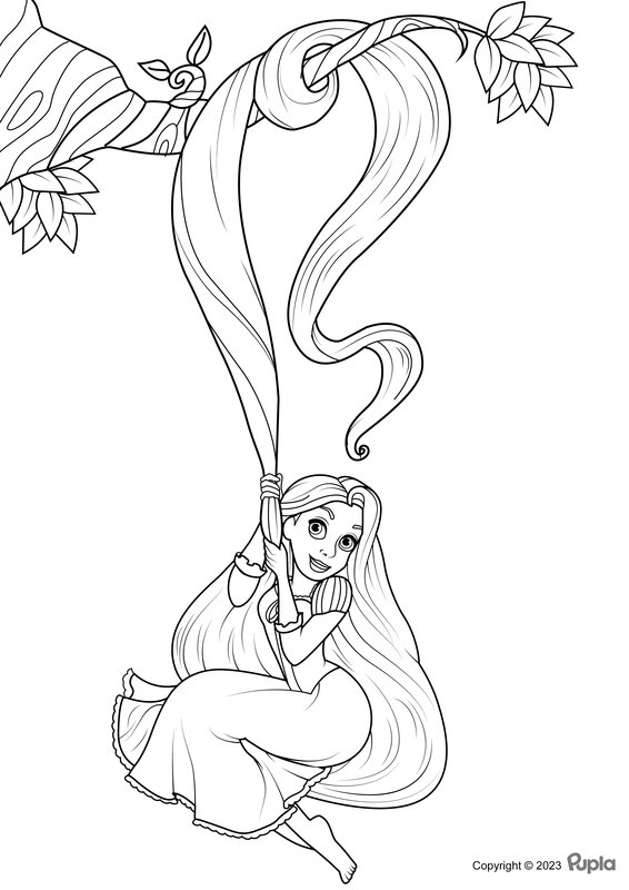 Rapunzel hangend aan een boomtak coloring page for children
