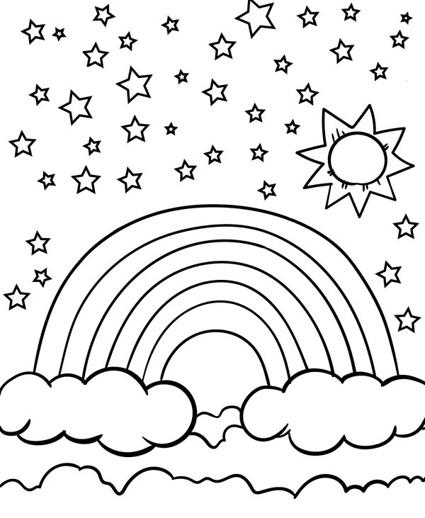Regenbogen mit Sternen und Sonne coloring page for children