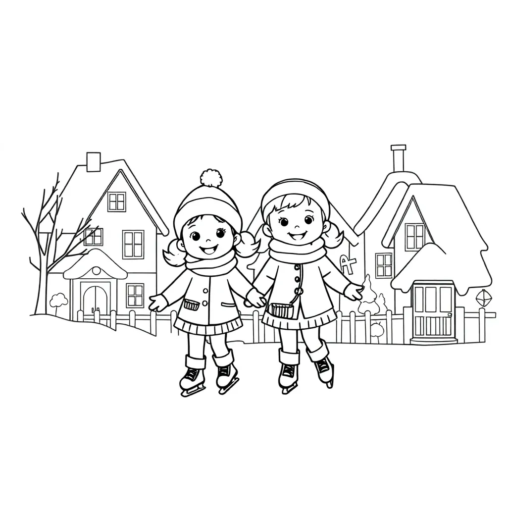 Schaatsende Kinderen Winter Buitenspelen Ijspret Vriendschap coloring page for children