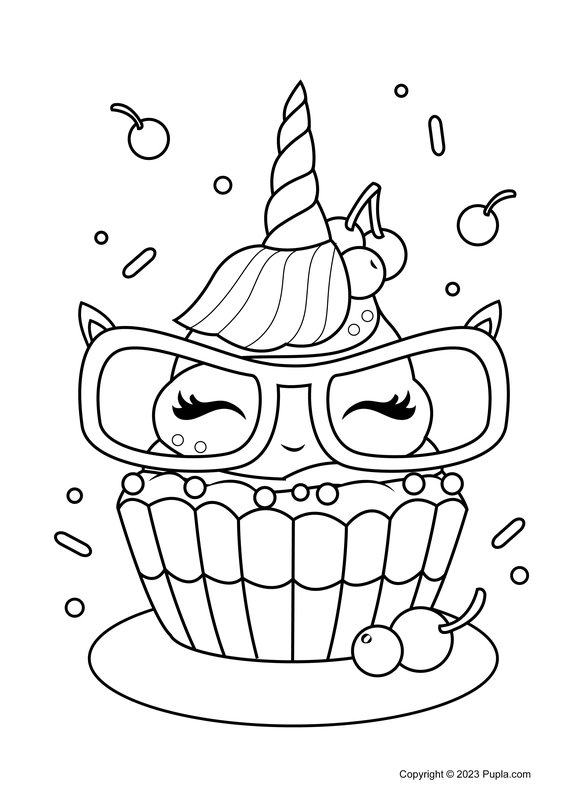 Schattige Unicorn Cupcape met Bril coloring page for children