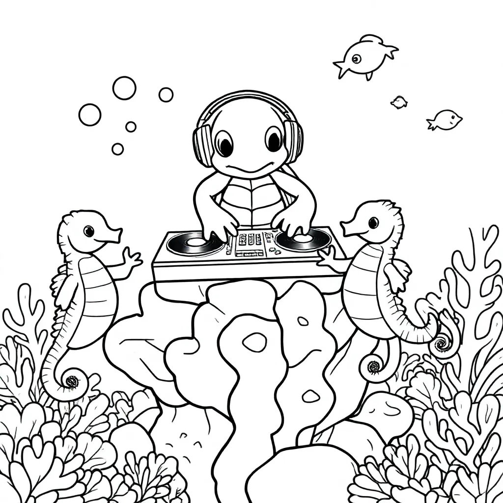 Schildpad Dj Draait Platen Op Koraalrif Voor Dansende Zee... coloring page for children