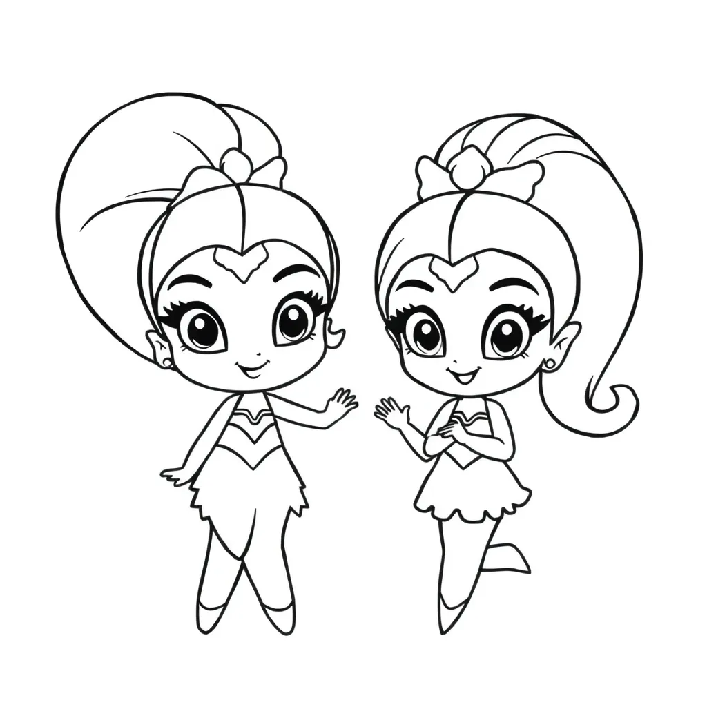Feuille de coloriage gratuite Shimmer et Shine, dessin animé magique, filles.