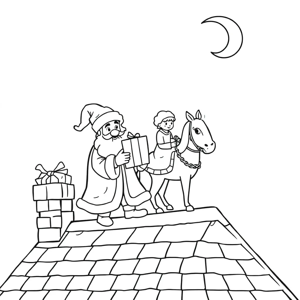 Sint Op Dak Cadeaus Pieten Feestelijk Traditie coloring page for children