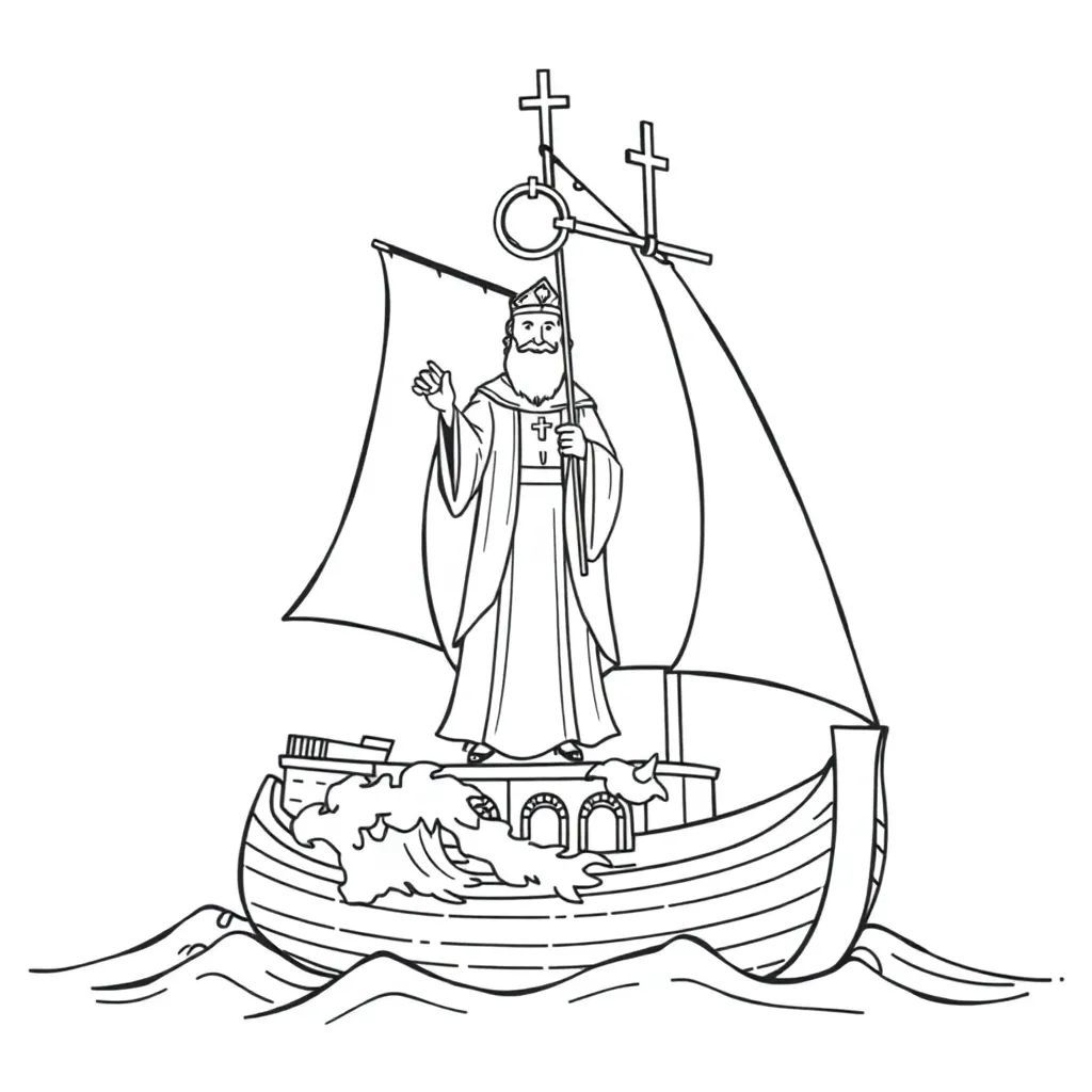 Sinterklaas Bisschop Zeilschip Golven Religieus coloring page for children