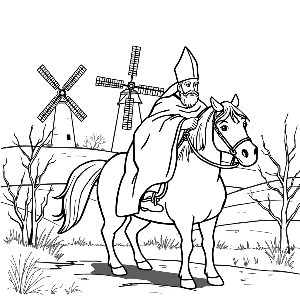 Sinterklaas Feestdagen Nederlands Paard Windmolen coloring page for children