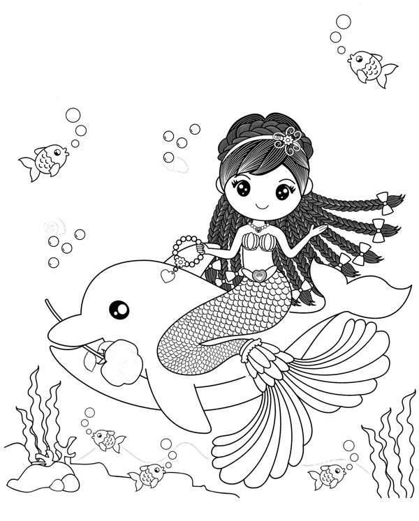 Sirena Nadando Con Delfin coloring page for children