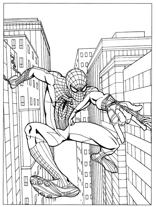 Spiderman Jumps Buildings coloring page for children