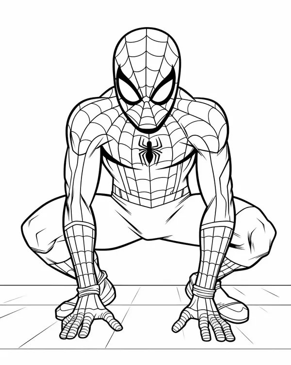 Spiderman Kneeling coloring page for children