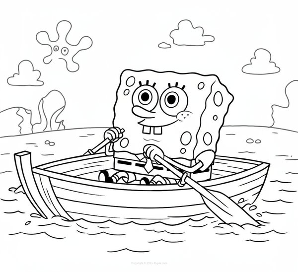 Spongebob in een roeiboot coloring page for children