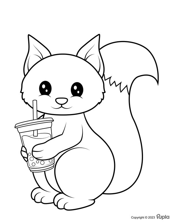 Squirrel Holding Boba Tea coloring page for children