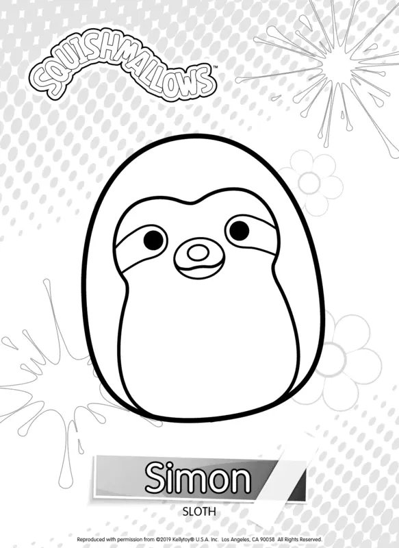 Squishmallows Simon the Sloth coloring page for children