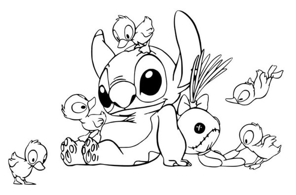 Stitch con patitos coloring page for children