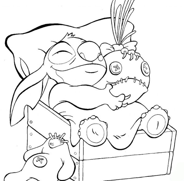 Stitch en la cama coloring page for children