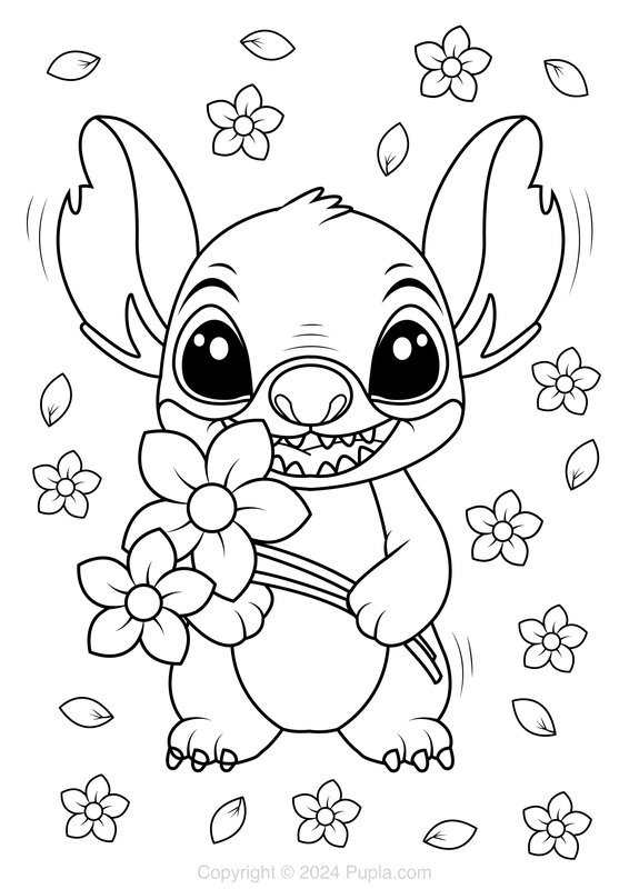 Stitch joven con flores coloring page for children