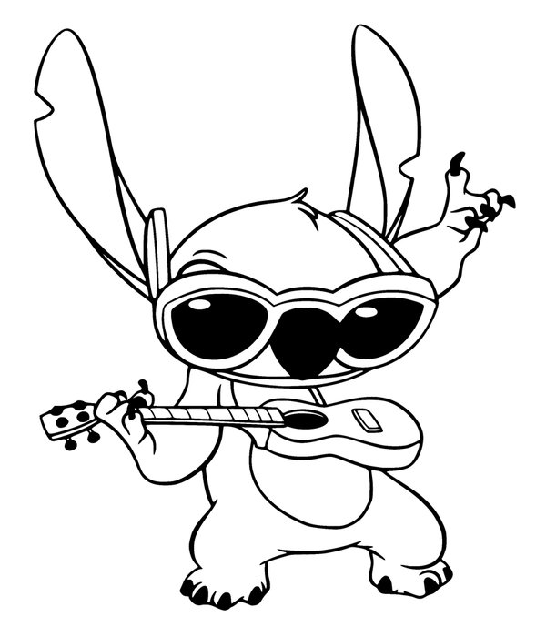 Plantilla para colorear de Stitch tocando la guitarra con gafas de sol