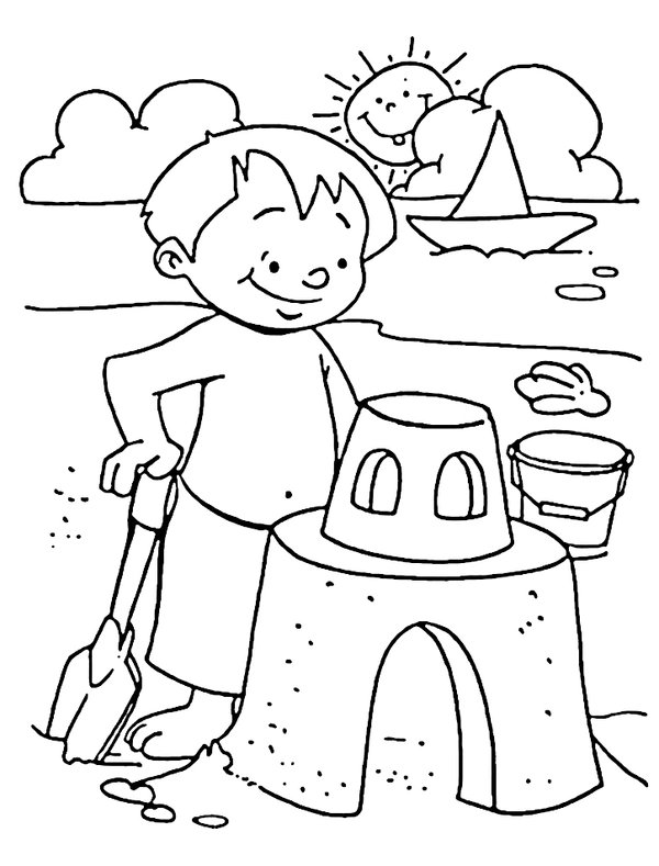 Strand Jongen Bouwt Zandkasteel coloring page for children