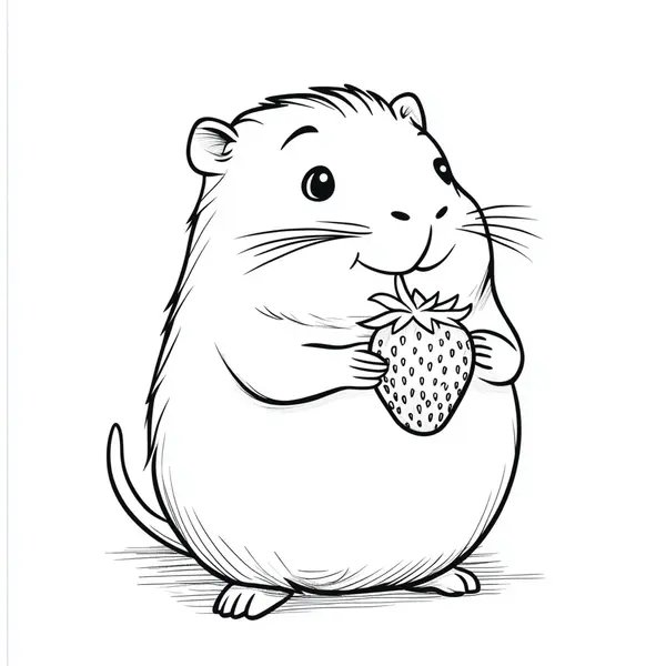 Süßes Capybara hält eine Erdbeere coloring page for children