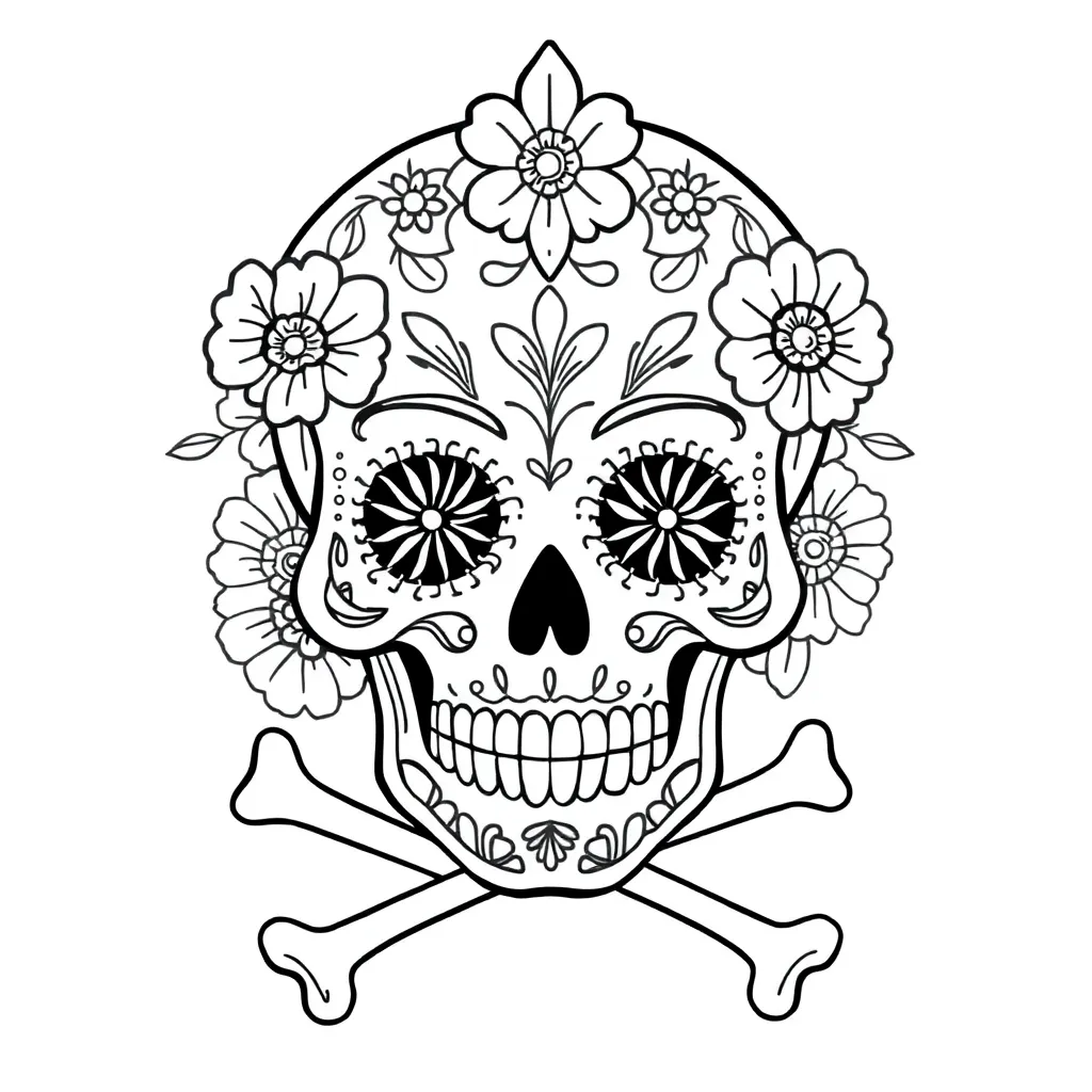 Feuille de coloriage gratuite Crâne sucré mexicain Jour des morts Fleurs Décoration