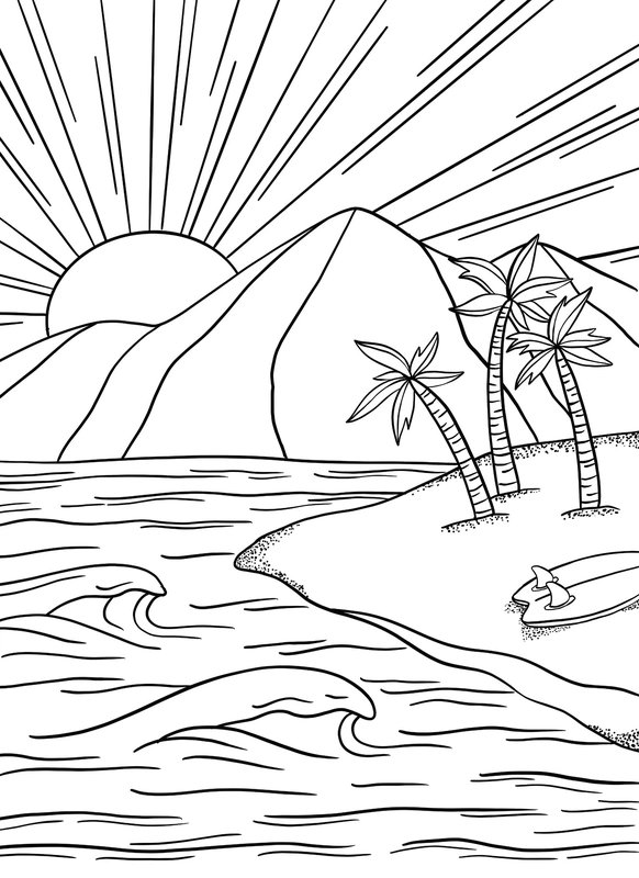 Summer Shining Sun Palmtrees coloring page for children