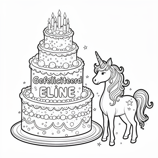 taart met een eenhoorn erlangs kleurplaat voor kinderen