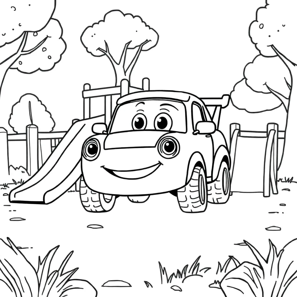 Tekenfilm Auto Speelplaats Vrolijk Kinderen coloring page for children