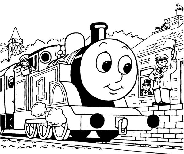 Plantilla para colorear de Thomas el Tren en la estación de tren