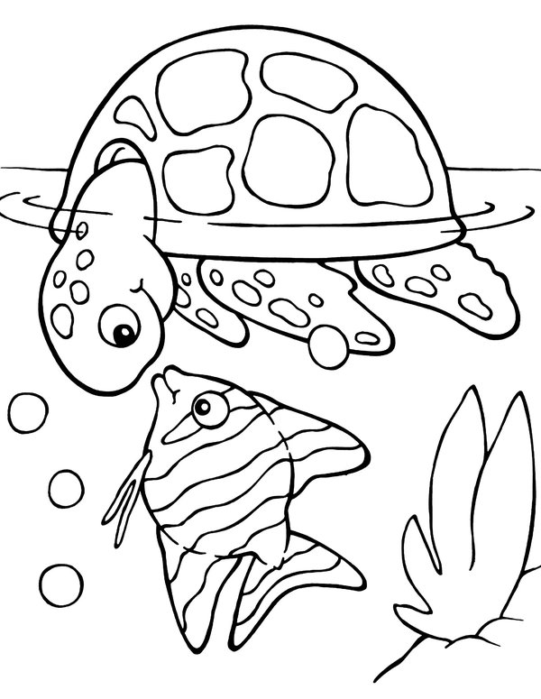 Tortue avec poisson dans la mer coloring page for children