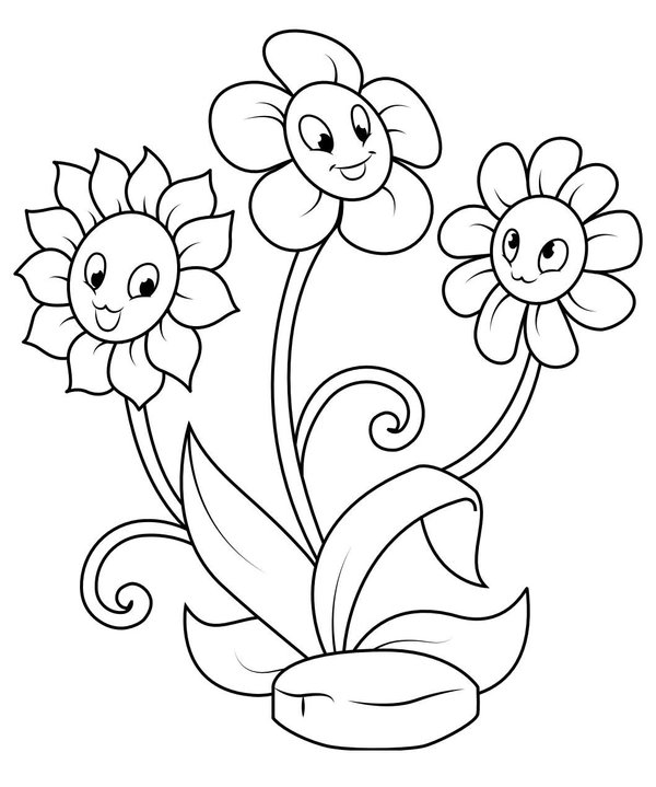 Tres Flores Felices coloring page for children