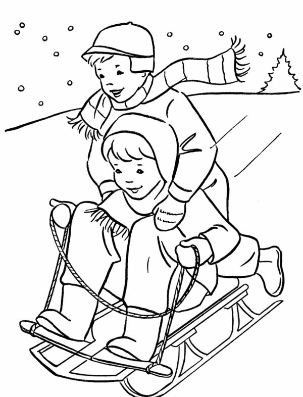 Trineo De Ninos Y Ninas En Invierno coloring page for children