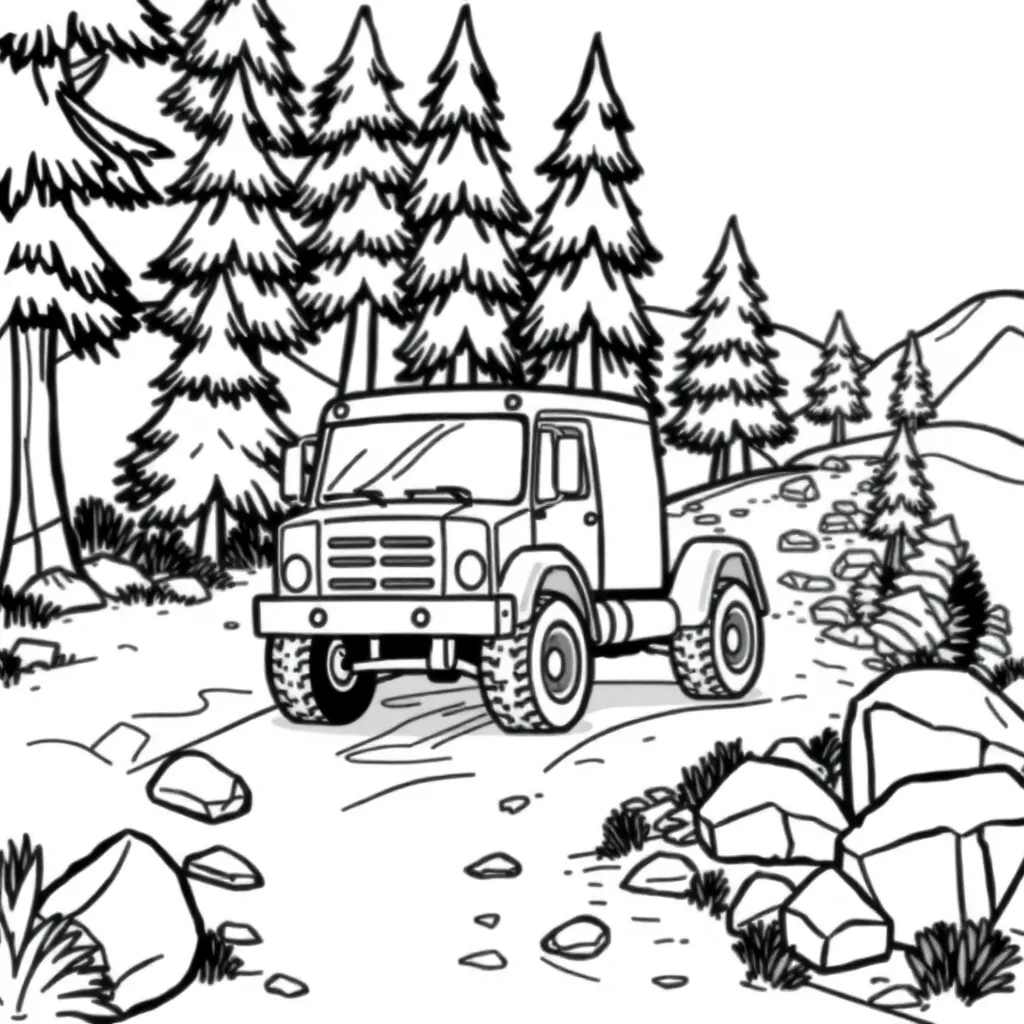 Truck Avontuur Natuur Voertuig Landschap coloring page for children