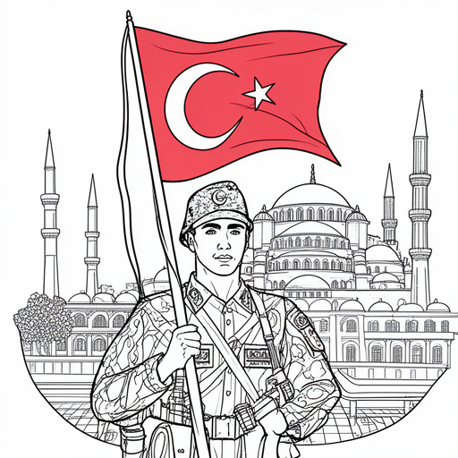 Turkse soldaat met Turkse vlag in zijn soldaten pak.  Aksa moskee achtergrond kleurplaat voor kinder