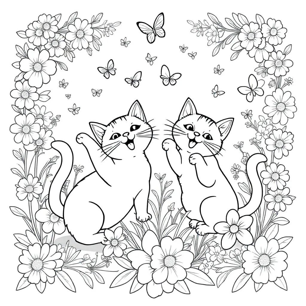 Twee Katten Spelend Tussen Bloemen Met Vlinders Met Schaduwwerking coloring page for children