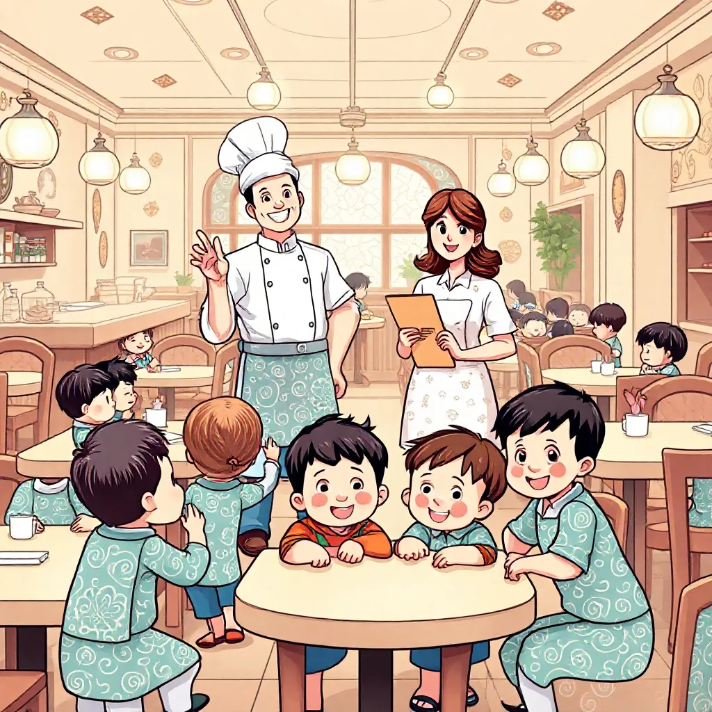 Twee meesters, die met hun klas van 29 kinderen een restaurant hebben opgezet kleurplaat voor kinder