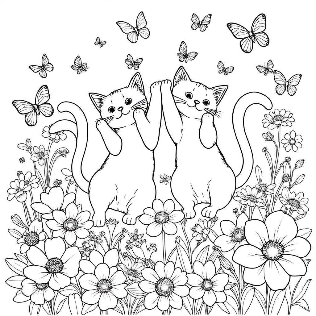 Twee Met Elkaar Spelende Katten Tussen Bloemen En Vlinders coloring page for children