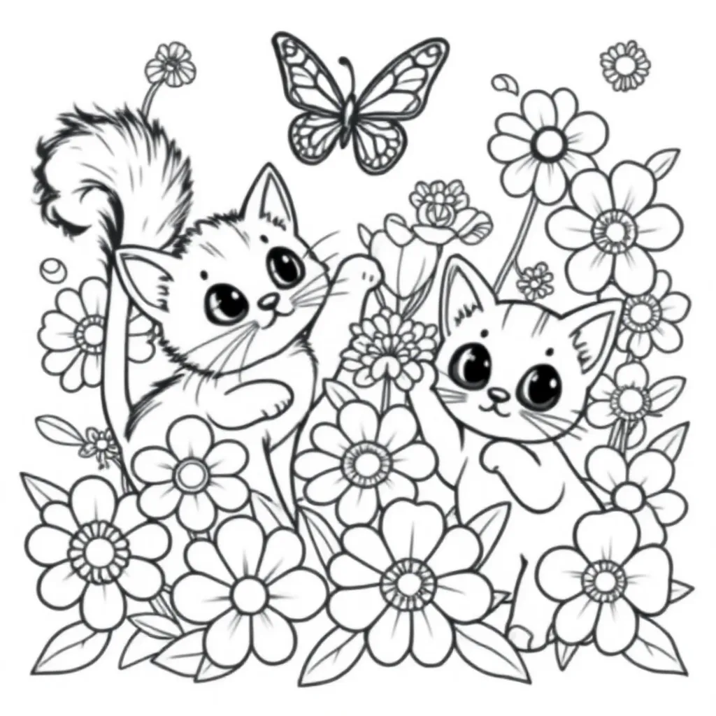 Twee Spelende Katten Bloemen coloring page for children