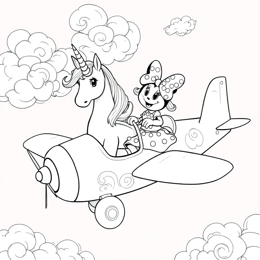 Unicorn En Minni Mouse In Vliegtuig coloring page for children