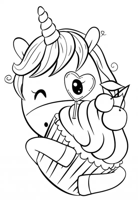 Unicorn With Cupcake coloring page for children