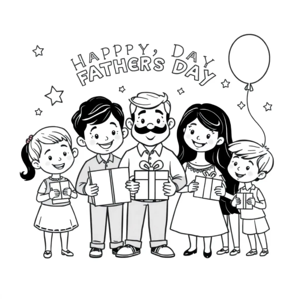 Vaderdag Familie Cartoon Feestelijk Cadeau coloring page for children