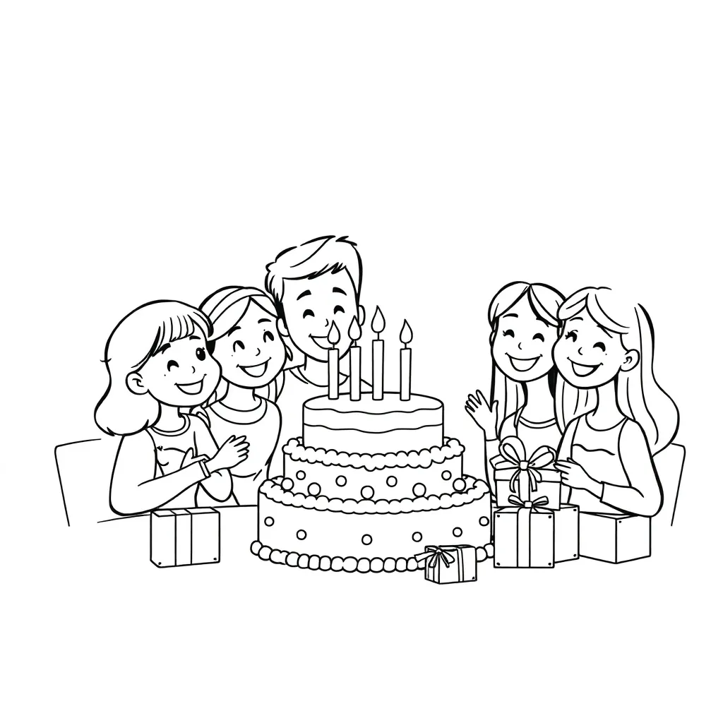 Kostenloser Vatertag-Geburtstagskuchen-Party-Familien-Ausmalbild