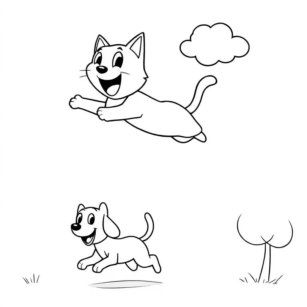 Planche à colorier : chat volant avec un chien à ses trousses pour enfants