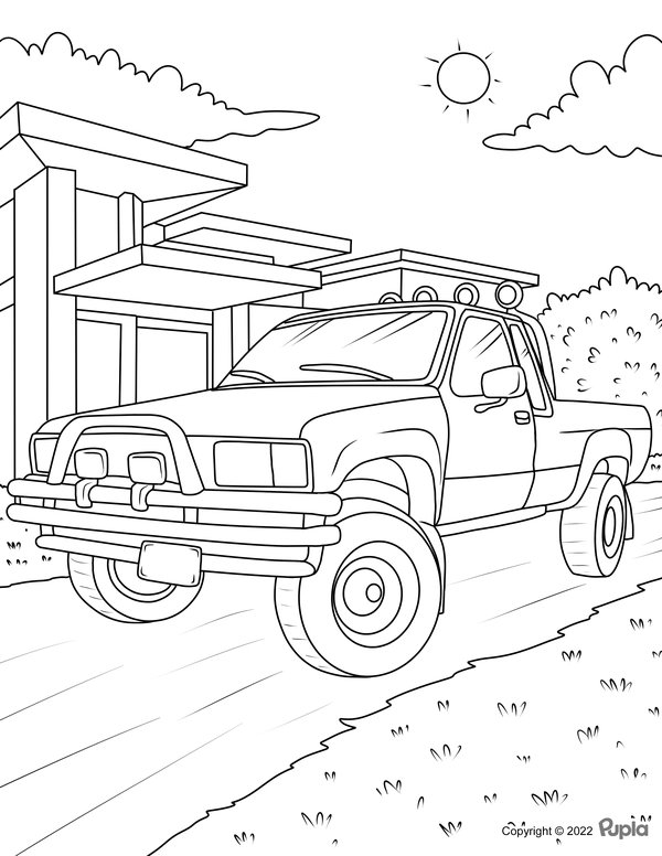 Voitures Camion De Ramassage Devant Le Batiment coloring page for children