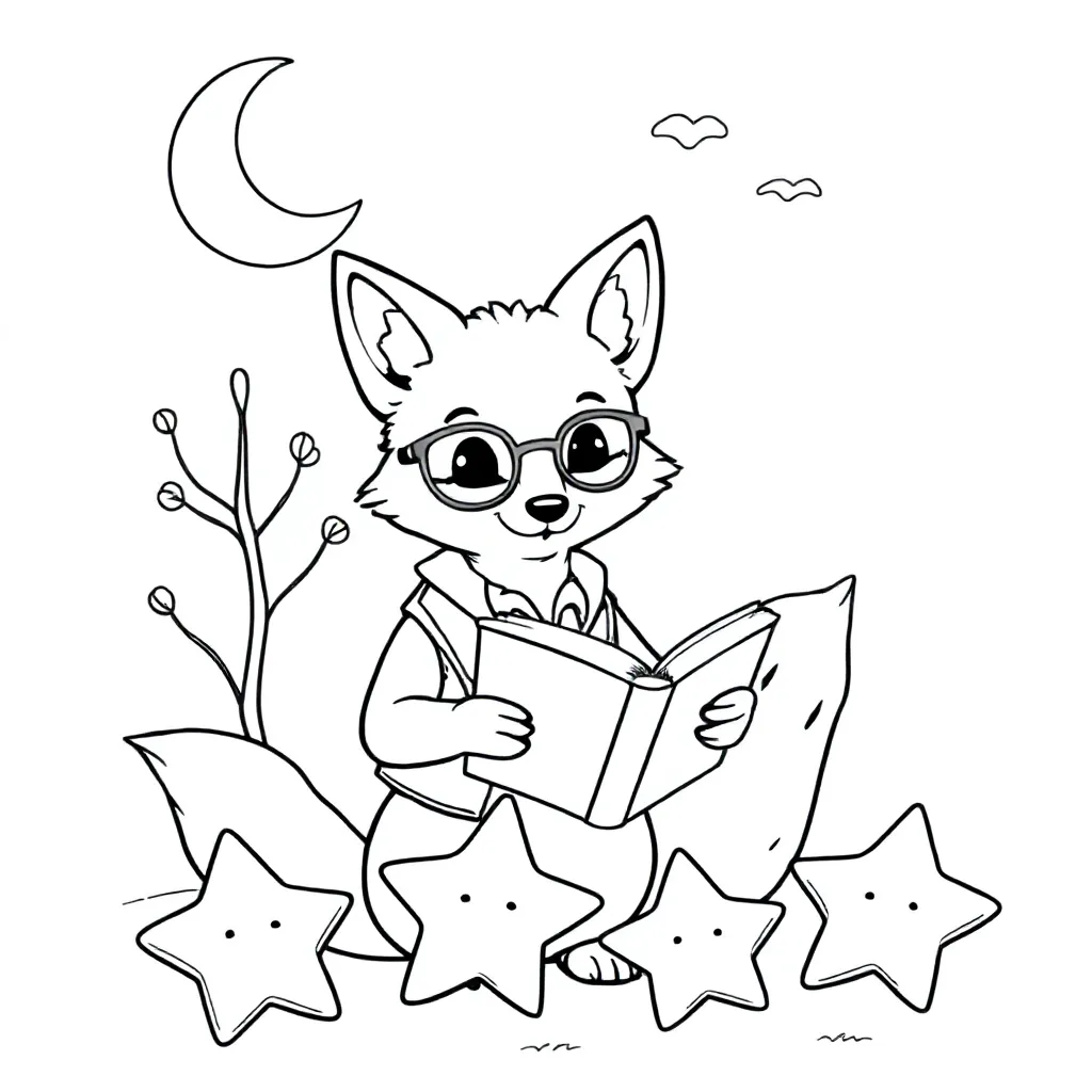 Vossen Bibliothecaris Leest Voor Aan Slapende Sterren Ond... coloring page for children