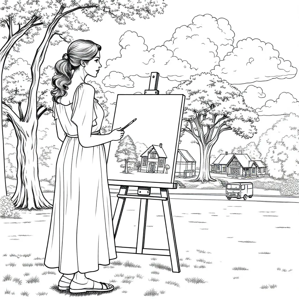 Vrouw In Het Park Achter Een Schildersezel Bezig Om De Om... coloring page for children