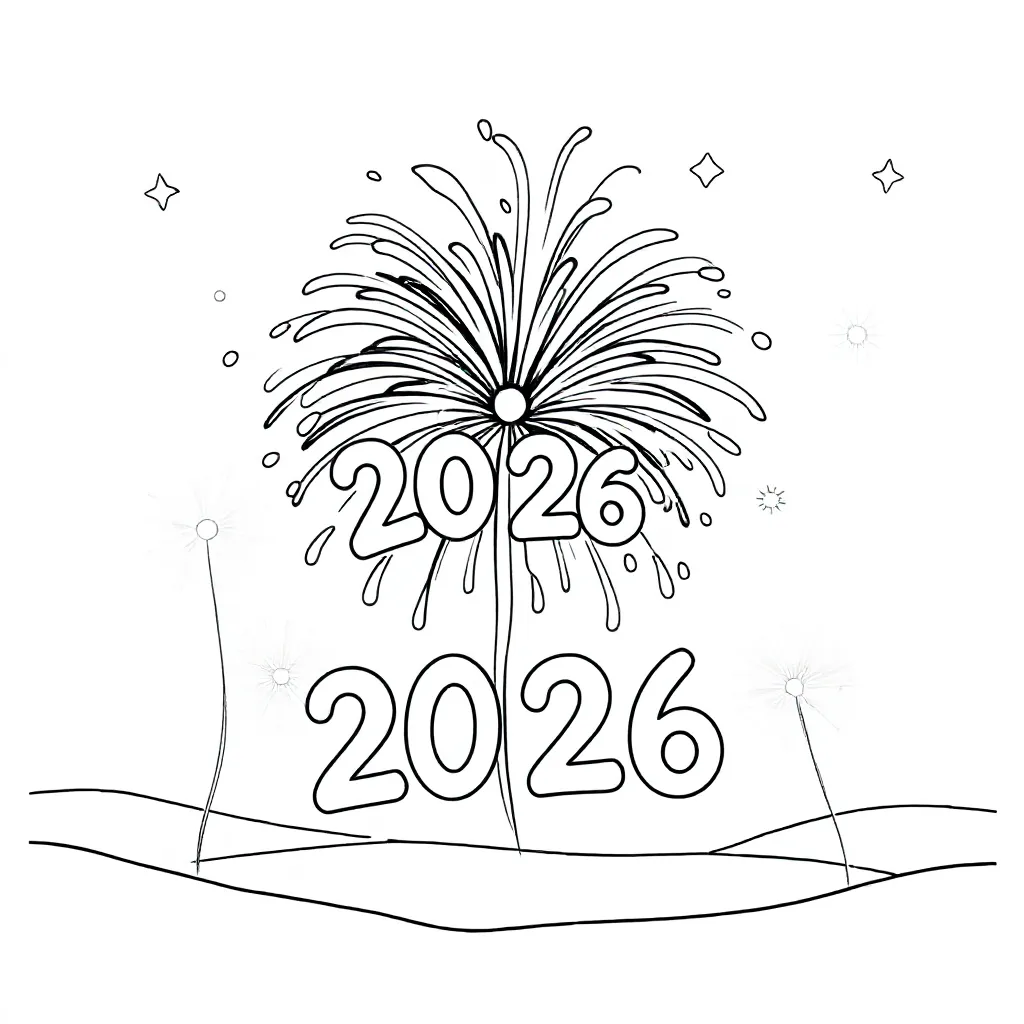 Vuurwerk met 2026 kleurplaat voor kinderen